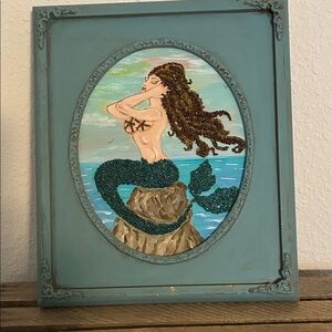 Mermaid Mixed Media Art in Blue Frame Coquette Beach Decor